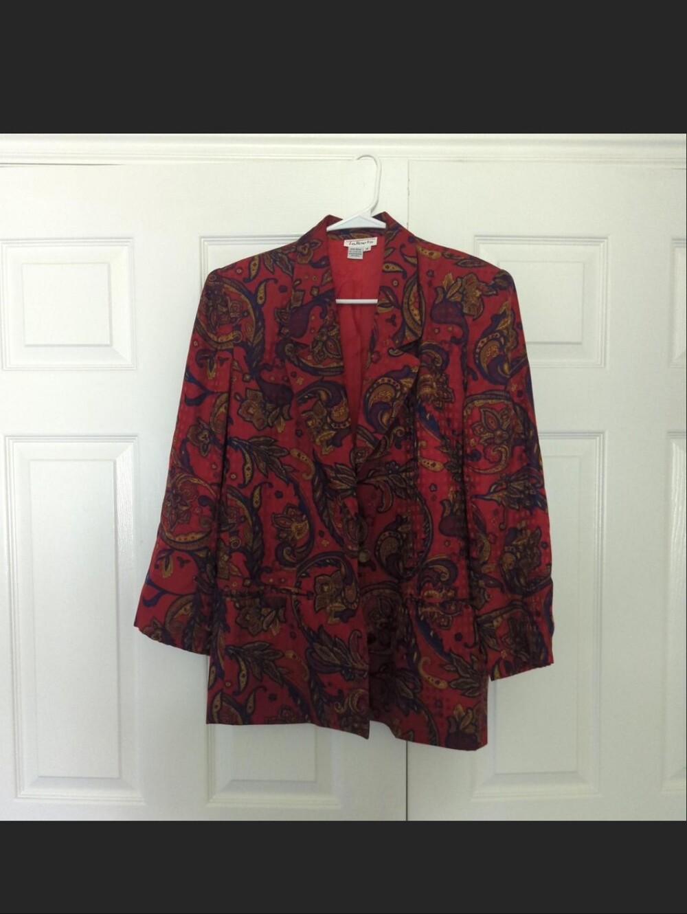 Talbots Red Paisley Blazer with Gold and Black Accents. 100 Percent Silk.